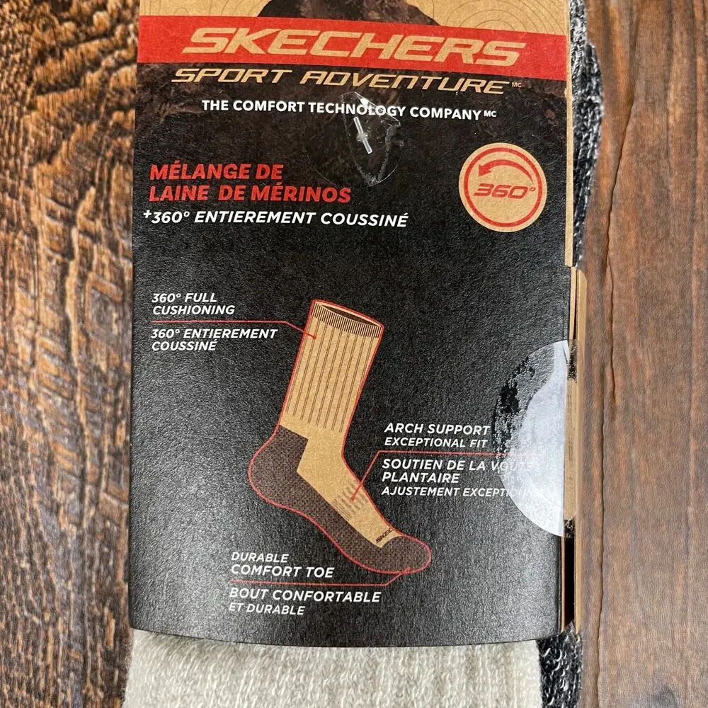 Skechers Mens 8-12 Gray White Sport Adventure Merino Wool Blend Hiking Socks 2pk